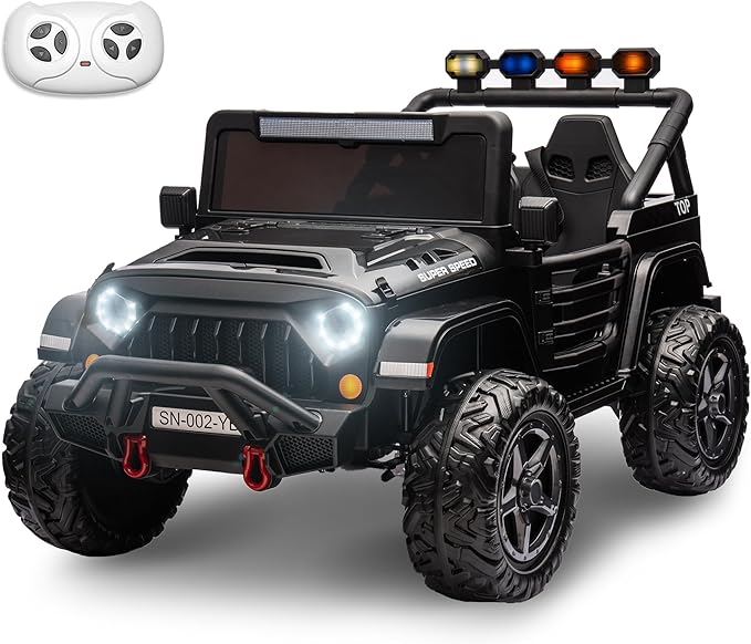24V 2 Seater Ride On Truck with Remote Control 4WD Electric Car for Kids Ride On Car Battery Powered Ride On Toy Car with Music Player, LED Lights, Bluetooth, Rear Shock Absorber, Black-CubbioJoy
