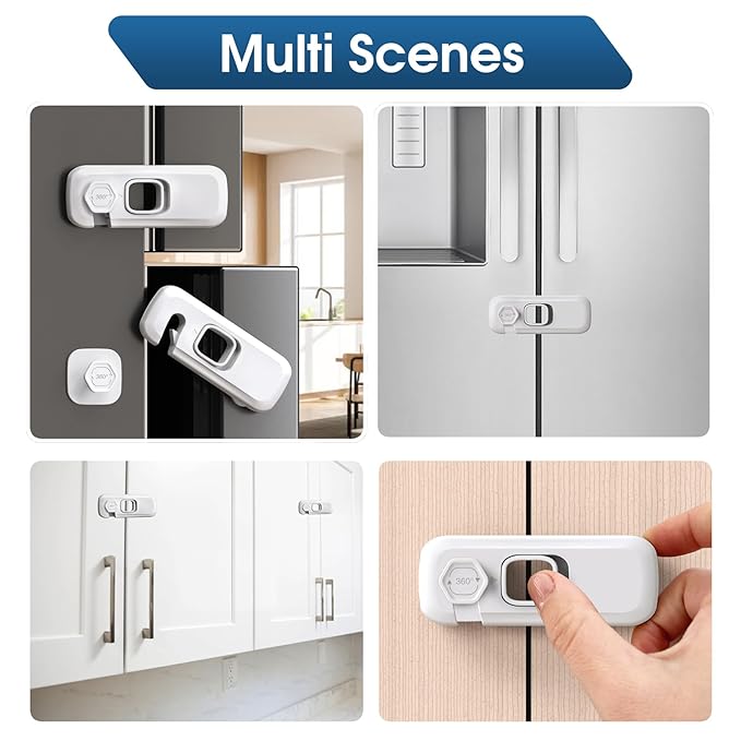 5 Pack Fridge Locks for Kids, QYESWHSR Child Proof Refrigerator Lock with Sticky Adhesive Pads, Fridge Child Locks, RV Refrigerator Door Latch, Oven Lock Safety to Keep Door Closed White-CubbioJoy