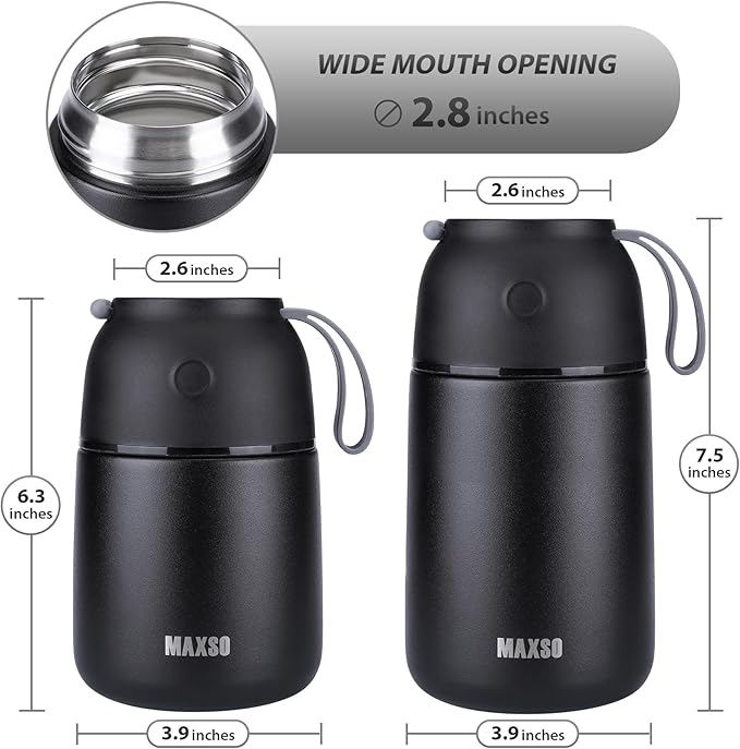 Insulated Thermo Food Jar for Hot & Cold Food for Kids Adult, 17&24 oz Soup Thermal Hot Food Containers for Lunch, Triple Layer Insulation Stainless Steel Food Jar with Spoon (2 Pack Black)-CubbioJoy