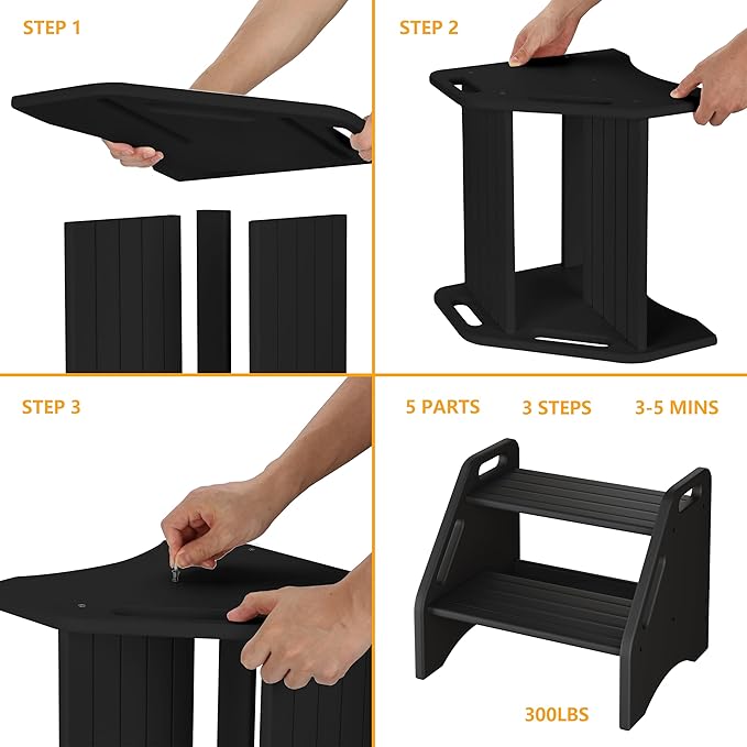 AMBIRD Wooden Step Stool, Two Step Stools 300 lbs Capacity with Safety Non-Slip Pads and Handles, Bamboo Step Stool for Bathroom, Kitchen Dual Height Step Stools for Adults (Black)-CubbioJoy