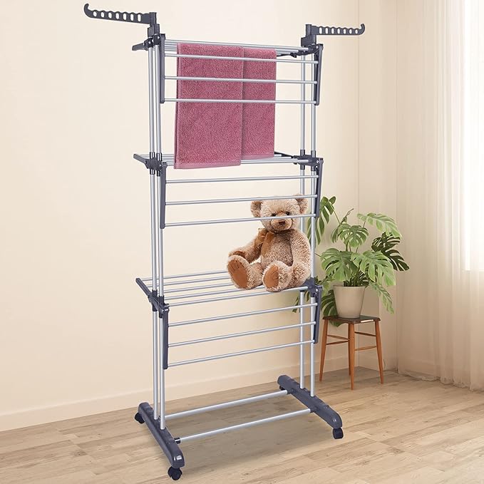 Bigzzia Clothes Drying Rack Folding Drying Rack Clothing 4 Tier Clothes Horses Rack Stainless Steel Laundry Drying Rack with Two Side Wings Grey-CubbioJoy