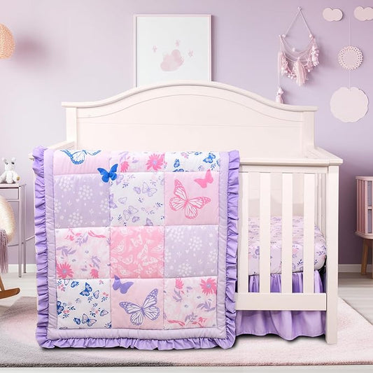 Cloele Crib Bedding Set for Girls, 3 Pieces Floral Butterfly Baby Bedding Set -Includes Comforter Fitted Sheet Crib Skirt,Standard Size Nursery Baby Crib Set for Girls,Purple-CubbioJoy