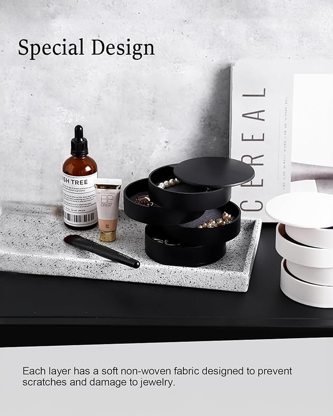 CONBOLA Jewelry Organizer, Small Jewelry Storage Box Earring Holder for Women, 5-Layer Rotating Travel Jewelry Tray Case with Lid for Bracelets Rings Bracelets(Black)-CubbioJoy