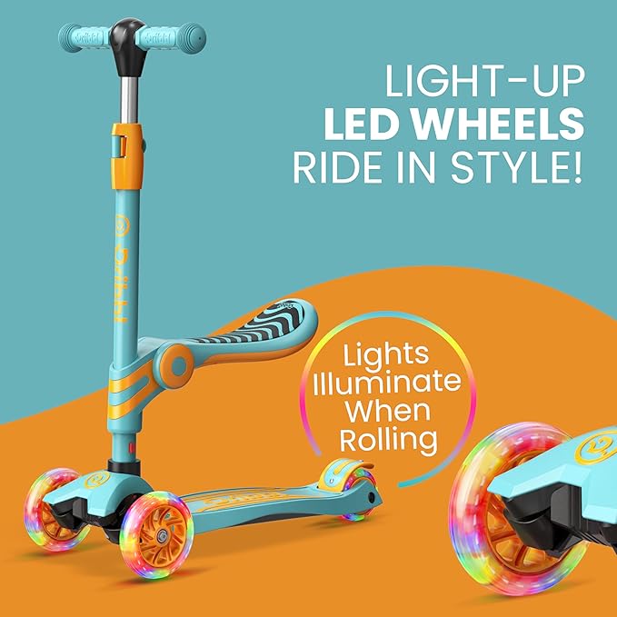 Aqua Orange 3 Wheel Scooter with Seat for Kids – Light-Up LED Wheels, Adjustable Handlebar and Seat, Smooth PU Wheels, Wide Anti-Slip Deck, Rear Foot Brake – Toddler Outdoor Toys for Ages 2+-CubbioJoy