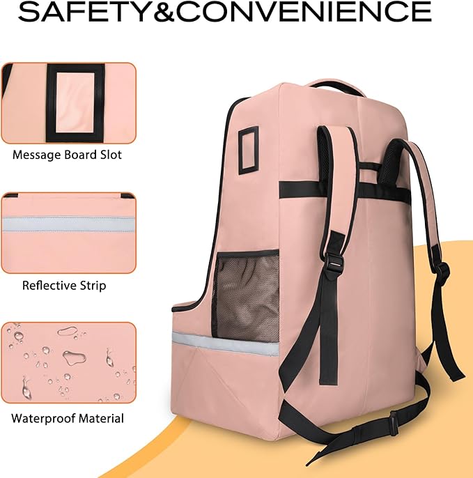 Car Seat Travel Bag for Airplane,Infant Seat Travel Bag with Shoulder Strap,Padded Car Seats Backpack with Reflective Stripes,Large Carseat Carrier Bag Travel Car Seat Cover,Flesh Pink-CubbioJoy