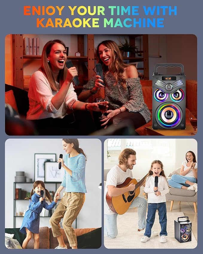 Karaoke Machine,Portable Bluetooth Karaoke Speaker with 2 Wireless Microphone for Adults Kids,with 20W(Peak) Speaker,Handle &RGB Lights,Supports TF Card/USB/Aux in/TWS,for Home,Party-CubbioJoy