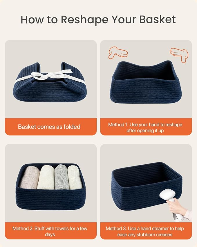 KALLAX Small Woven Basket, 12 x 8 x 4.5 Inches, Storage Basket for Organizing, Cute Small Rope Shelf Closet Cube Storage Bins Baskets for Shelves, Dog Toy Gift Baskets Empty, 3 Packs, Navy Blue-CubbioJoy