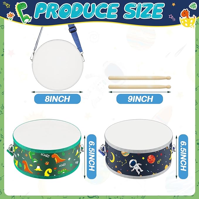 Boao 1 Pc Kids Drum Set, 8 Inch Toddler Drum Wooden Toy with Adjustable Strap and 4 Drumsticks, Educational Sensory Musical Instrument for Toddlers Kid Baby Boys Girls Gift (Dinosaur)-CubbioJoy