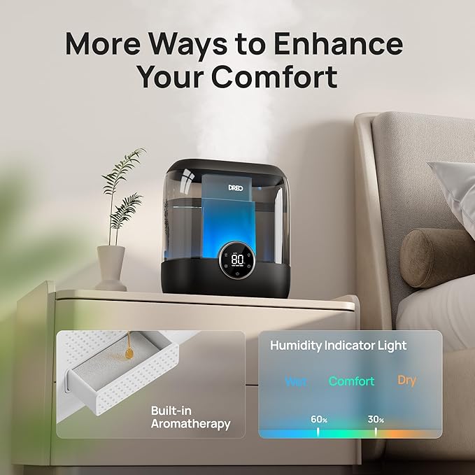 Dreo 6L Top Fill Humidifiers for Bedroom, 60H Runtime Supersized Cool Mist Humidifier for Large Room, 28 dB Quiet Baby Air Humidifiers for Nursery, Plants, Indoor, Night Light, LED Display, Ultrasonic-CubbioJoy