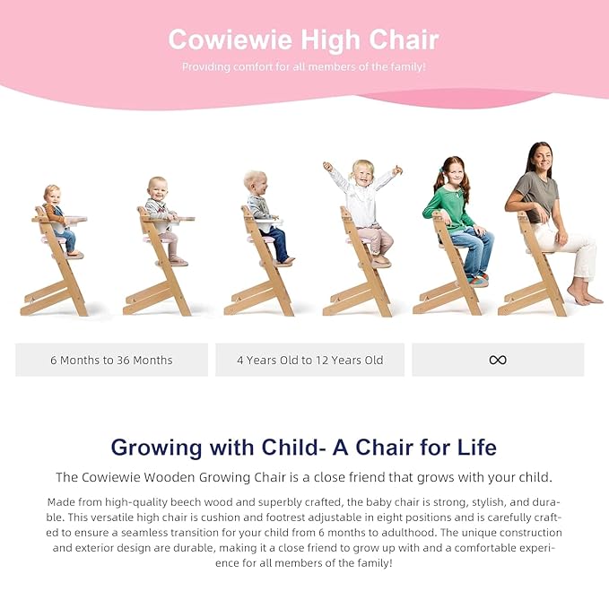 Cowiewie Natural Wooden High Chair for Babies & Toddlers 3-Tier Remove Adjustable Tray and Highchair with Cushions, Easy to Clean, Portable. (Pink)-CubbioJoy