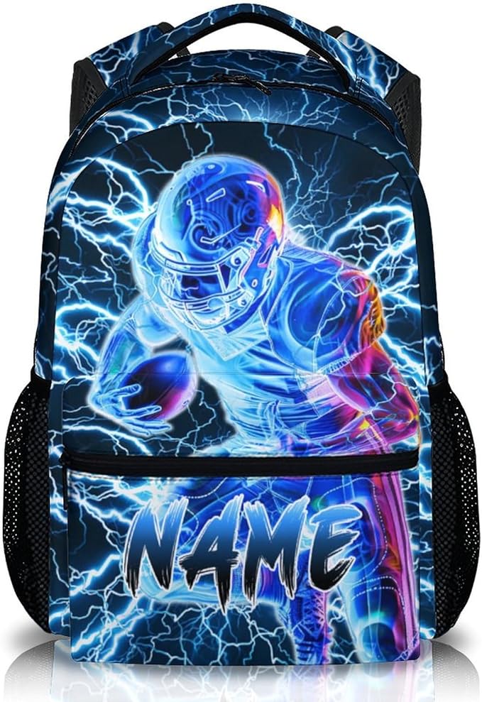 Boys School Backpack, Personalized Football Backpacks for Kids Kindergarten Senior Middle, 17 Inch Lightweight Lightning Bookbag with Custom Name, Cool Back to School Gift-CubbioJoy