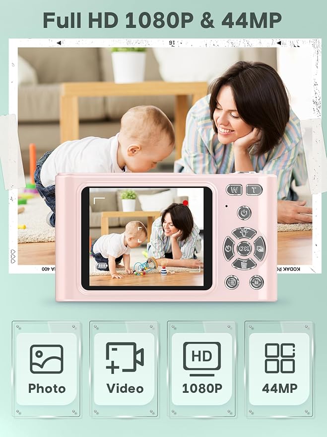 Digital Kids Camera 1080P Vlog Camera with 64GB, Lanyard, 16X Zoom Anti Shake, Card Reader 44MP Compact Portable Point Shoot Digicam for Kid Teen Girl Boy Christmas Halloween Thanksgiving(Pink)-CubbioJoy