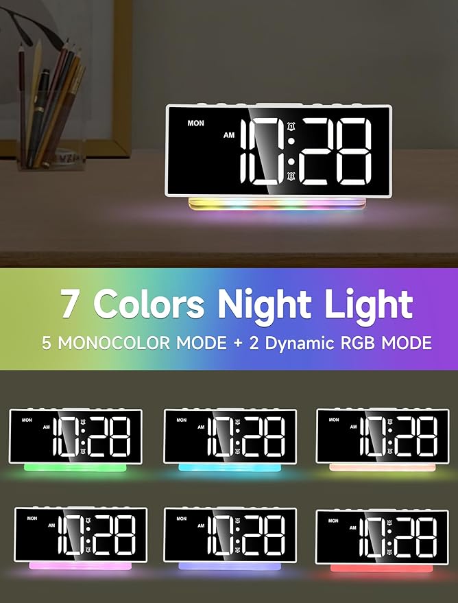 Cadmos Loud Alarm Clocks for Heavy Sleepers,Adults,Kids,Teens,Large Digital Display,7 Color Night Light,Adjustable Volume,Battery Backup,Small Bedside Clocks for Bedrooms (White+Dynamic)-CubbioJoy