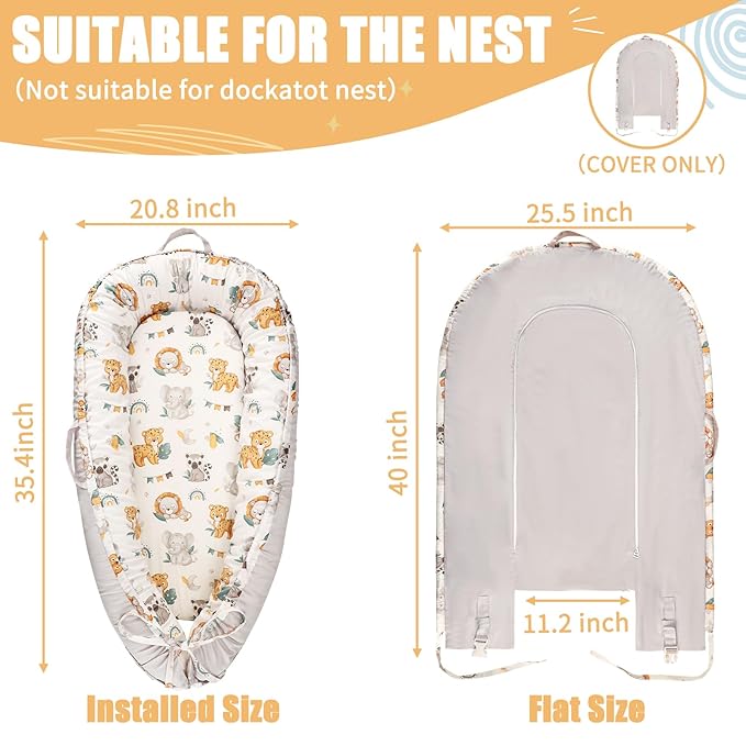Baby Lounger Cover for Boys Girls, Reversible Baby Nest Cover, Adjustable Baby Lounger Replaceable Cover for Infant Newborn, Portable and Machine Washable, Cotton Gray Elephant Cover Only-CubbioJoy