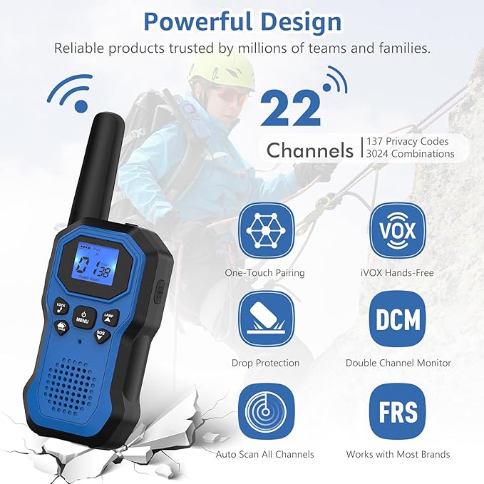2 Way Radios for Adults Long Range Walkie Talkies for Kids Rechargeable 4 Pack, Camping Hiking Skiing Cruising Gear with Lamp, USB-C, SOS Siren, NOAA Alert, iVOX Hands-Free, One-Touch Pairing-CubbioJoy