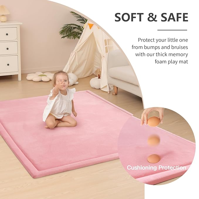 Baby Play Mat for Floor,1.3" Thick Memory foam Tummy Time Mat,Soft Coral Velvet Nursery Rug,Extra Large Non Slip for Crawling,Toddlers,Infants,kids,Yoga&Tatami Style for Living Room(Pink)-CubbioJoy