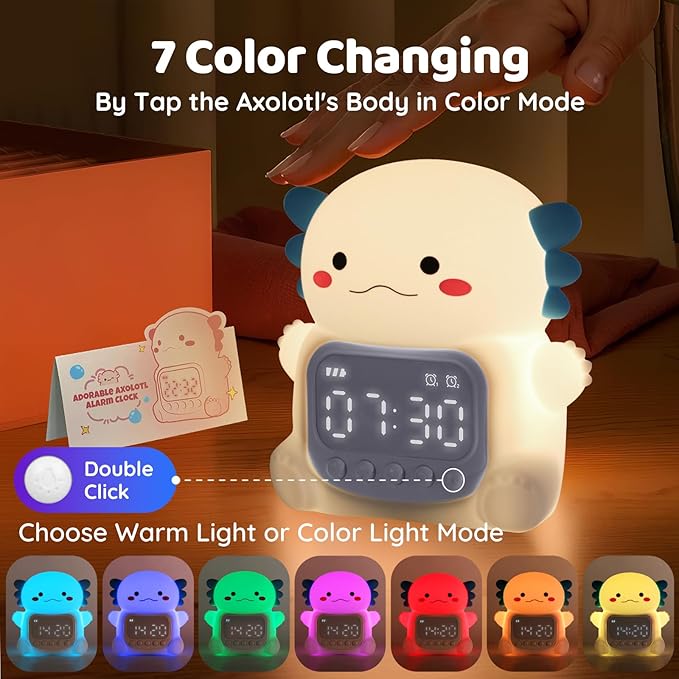 Axolotl Alarm Clock with Night Light for Kids, Rechargeable Silicone Lamp Time to Wake Clock Cute Animal Tabletop Lamp, Perfect Sleep Companion for Boys Girls, White-CubbioJoy