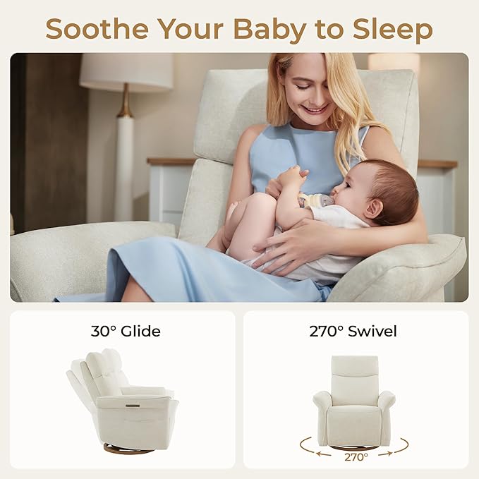 CHITA Power Recliner Chair, Electric Triple-Motor Swivel Glider Nursery Rocking Chair with Adjustable Power Headrest and Lumbar Support, GREENGARD Gold Certified, Solid Wood Base, Linen-CubbioJoy