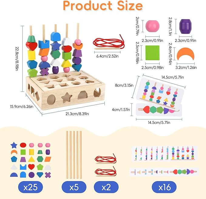 3 in 1 Wooden Color Sorting Stacking Toys, Montessori Toys Geometric Shape Sorter Matching Lacing Beads Sequencing Toy Set Preschool Learning Fine Motor Skills for Toddlers 3 4 5 Years-CubbioJoy