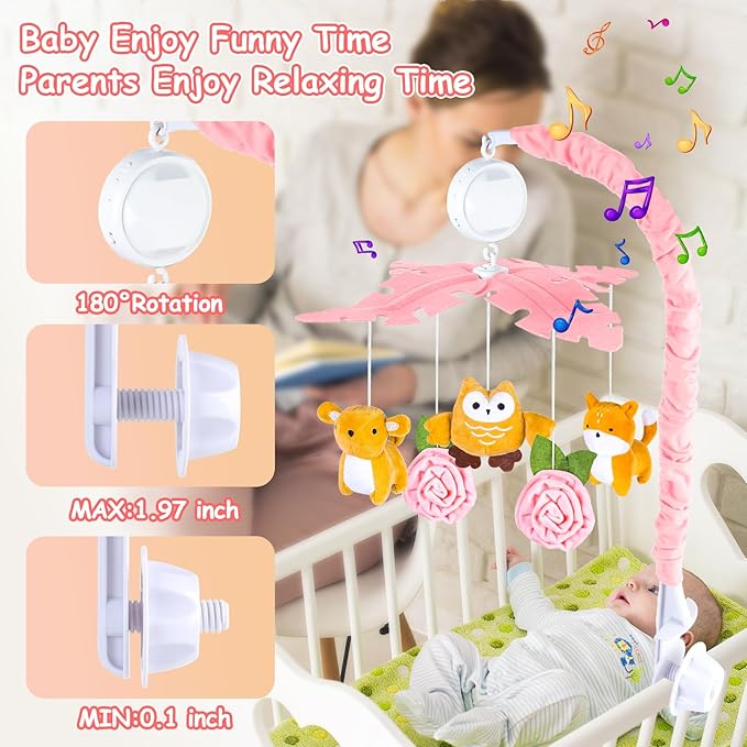 Baby Crib Mobile with Music and Lights, Mobile for Crib with Remote Control, Rotation, Starlight Projection, Crib Toys for Babies Boys Girls(Pink)-CubbioJoy