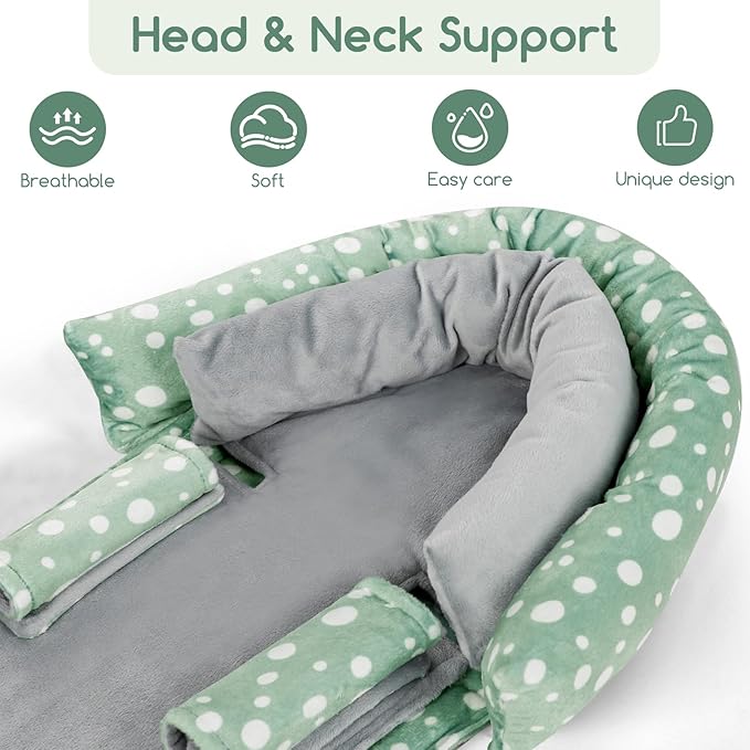 Baby Car Seat Head Support for Newborn, GFU 2 in 1 Infant Car Seat Head Body Support with Strap Pads, Soft Stroller Cushion Pillow Insert for Girls and Boys, Fits for Stroller, Swing, Green-CubbioJoy