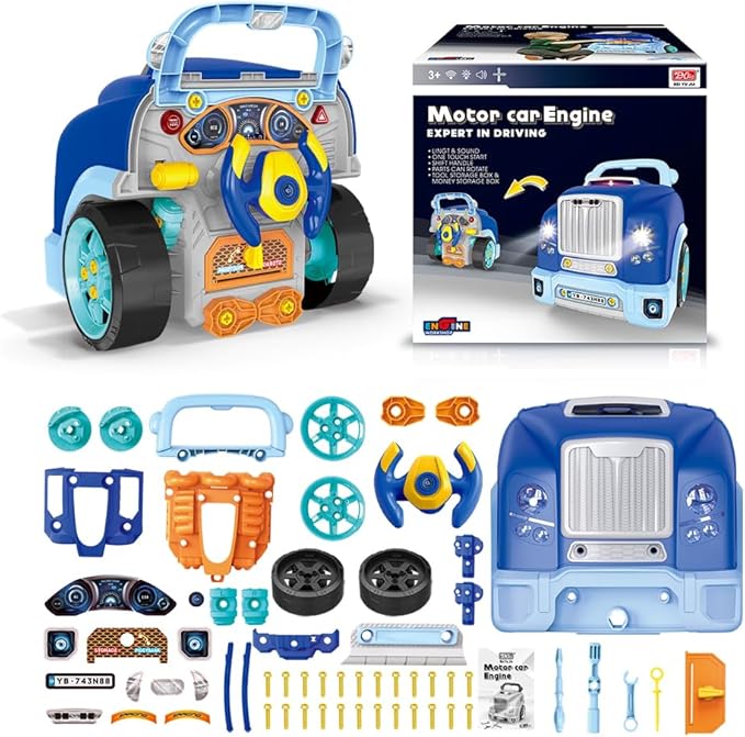 Interactive Truck Engine Toy with Removable Parts - Lights, Sounds, and Fun for Young Mechanics -Unleash Their Creativity and Motor Skills with This Truck Engine Toy (Bule)-CubbioJoy