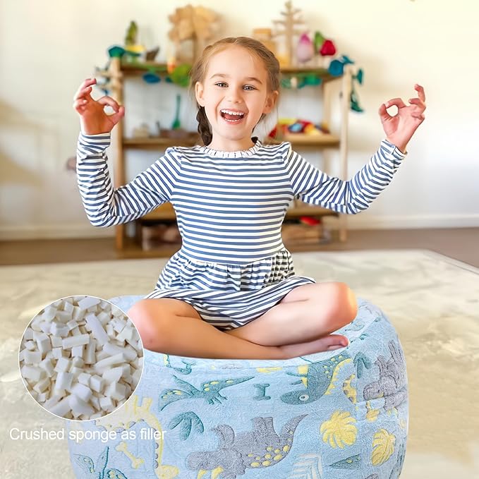 Bean Bag Chair for Kids, Toddler Beanbag Bed Unicorn, Convertible Children Bean Chair to Floor Mattress with Filler, Stuffed Child Bean Bags for Girl Boy Sleeping, Blue Dino-CubbioJoy