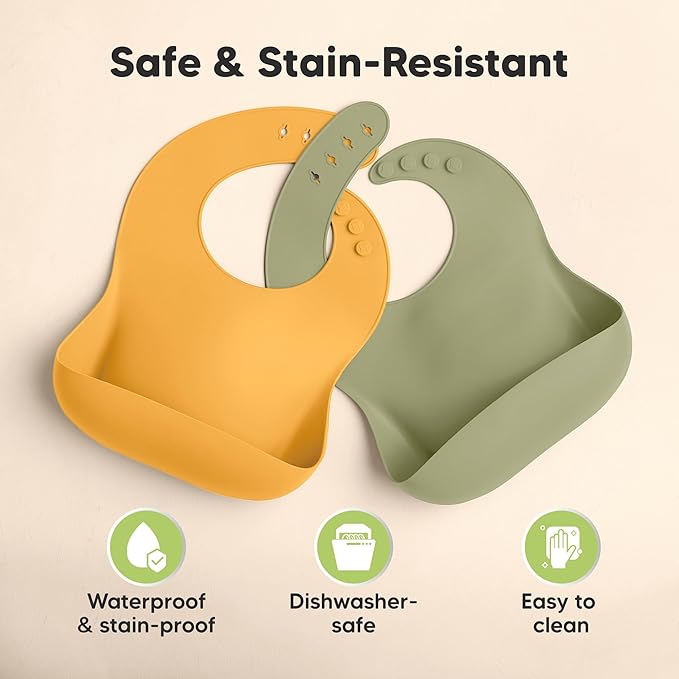KeaBabies 2-Pack Silicone Baby Bibs for Eating - Sturdy Food-Grade Silicone Bibs for Babies Girl, Boy, Large Food Catcher, Clean & Put On Easily, Waterproof Toddler Feeding Essentials (Forest)-CubbioJoy