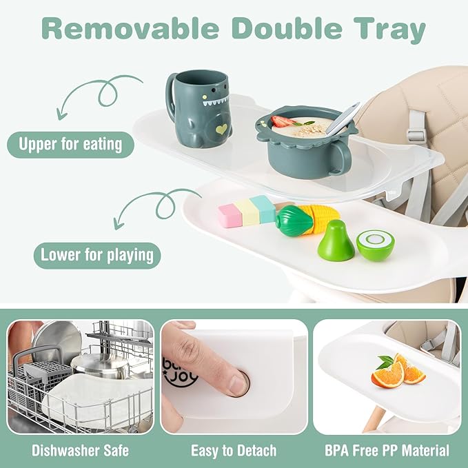 BABY JOY High Chair, 6 in 1 Convertible Wooden Highchair for Babies & Toddlers with Adjustable Legs, Double Removable Tray, Safety Harness & Waterproof PU Cushion (Beige)-CubbioJoy