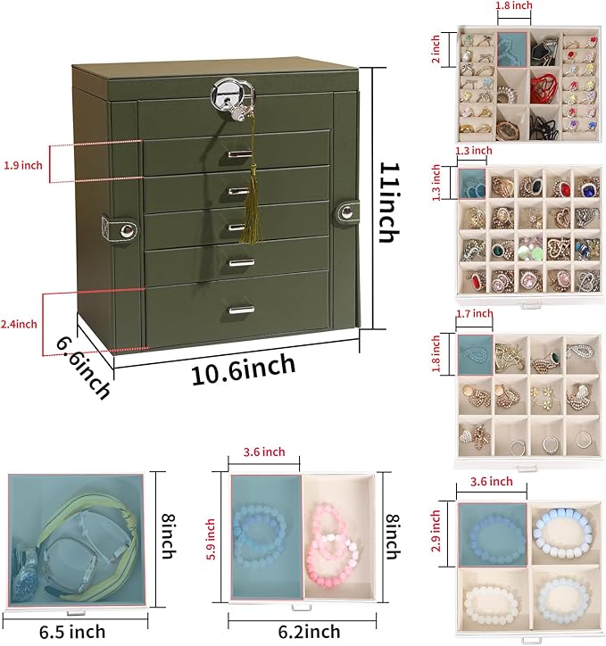 BOOVO Jewelry Box For women, 6 Layer Large Jewelry Organizer With Mirror, Multi-Function Storage Box With Lock, Accessory Holder With 5 Drawers, For Earrings Necklace Ring Bracelet (Army green)-CubbioJoy
