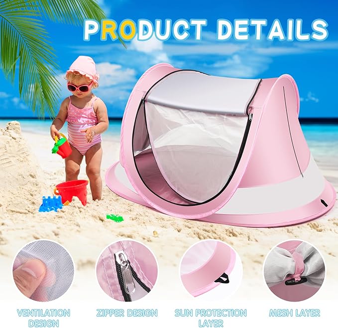 Baby Beach Tent,Large Pop Up Beach Tent Sun Shade for Beach,Portable Baby Travel Tent with Mosquito Net,Indoor Baby Play Tent,UPF 50+ UV Protection Sun Shelters for Infants-CubbioJoy