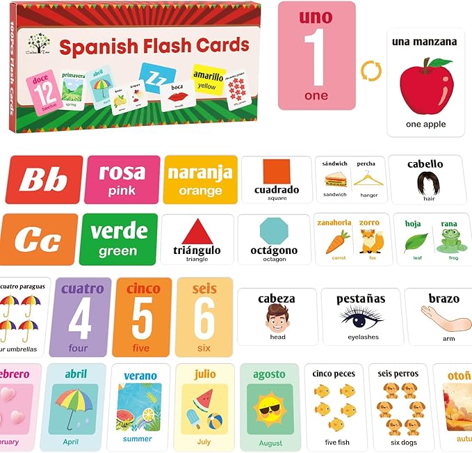 Ceiba Tree Spanish Flash Cards 100 English to Spanish Bilingual Flashcards Español Vocabulary Alphabet Number Colors Educational Learning Toys for Kids Adult Beginners Toddlers Grade School Classroom-CubbioJoy