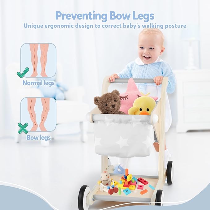 Asweets 2 in 1 Wooden Baby Walker Push and Pull Doll Stroller, Shopping Cart Learning Walker for Boys and Girls, Sit Stand Learning Toddler Toy (Grey)-CubbioJoy