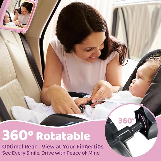 2-in-1 Baby Car Mirror with Lights & Soft Sounds, Cry Detector, Clear Night View, 360° Rotation, Shatterproof, Rear Facing Baby Car Seat Mirror with Remote Control, Perfect Baby Shower Gifts (Pink)-CubbioJoy