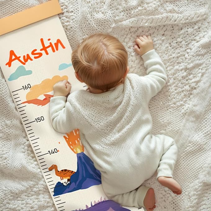 Customize Name Canvas Growth Chart for Kids, Dinosaur Unisex Kids Room Wall Decor, Measuring Height Chart, Wall Tape with Height Chart for Kids, Foldable Height Tracker, Lightweight-CubbioJoy