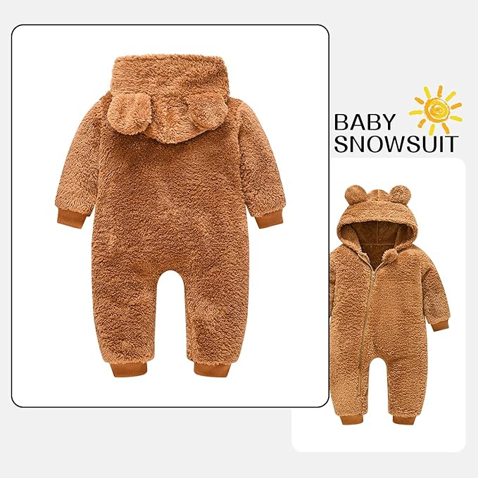 Baby Fleece Jumpsuits Infant Bear Ear Snowsuit Newborn Hooded Romper Warm Coat-CubbioJoy