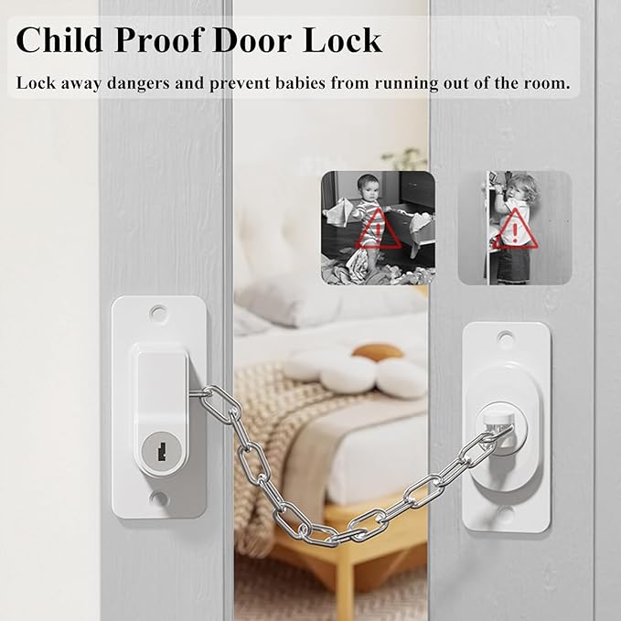 Child Proof Door Lock (2 Pack), Door Locks for Kids safety & Cat Door Latch, for Fridge Lock, Cabinet Locks, Window Locks and Baby Proofing, Strong non-marking Adhesive No Drilling (White)-CubbioJoy
