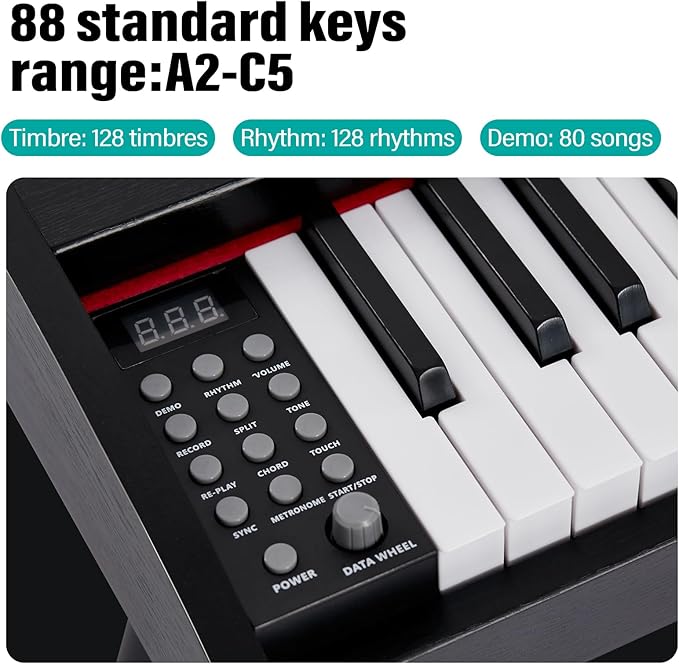 AODSK 88 Keys Digital Piano,Full-size semi weighted key,128 Tones & Rhythms, MIDI/USB Connectivity, Headphone Jack-CubbioJoy