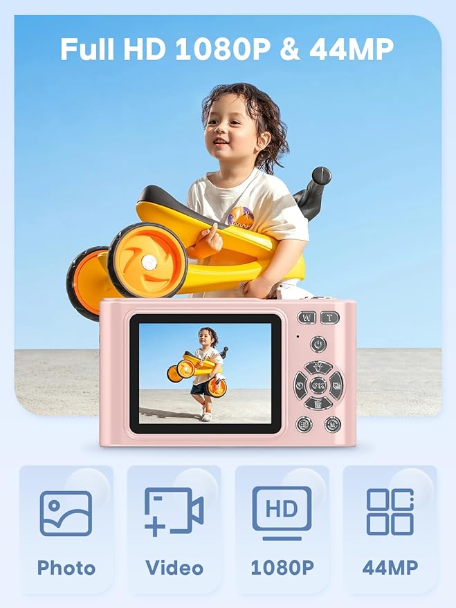 Digital Camera, 44MP Full HD 1080P Point and Shoot Camera with 64GB Card, Anti Shake 16X Zoom Compact Volg Cameras, Portable Small Digicam Gift for Kids, Ages Teen Girl Boy - Pink-CubbioJoy