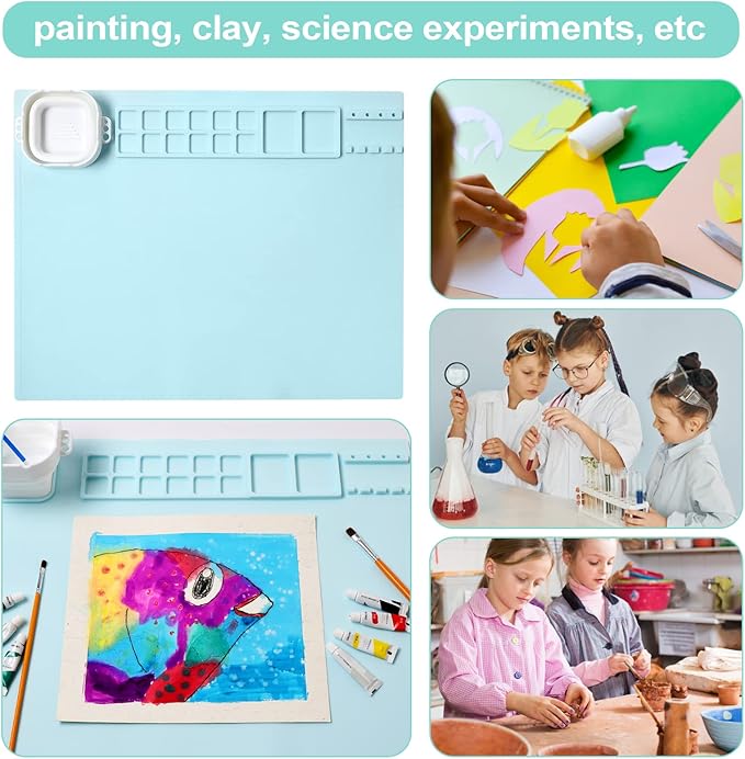 AWOKE Silicone Painting Mat - 20"X16" Silicone Art Mat with 1 Water Cup for Kids - Craft Mat has12 Color Dividers - 2 Paint Dividers (Blue),Toddler Activities,3 4 5 Year Old Girl Boy Birthday Gifts-CubbioJoy