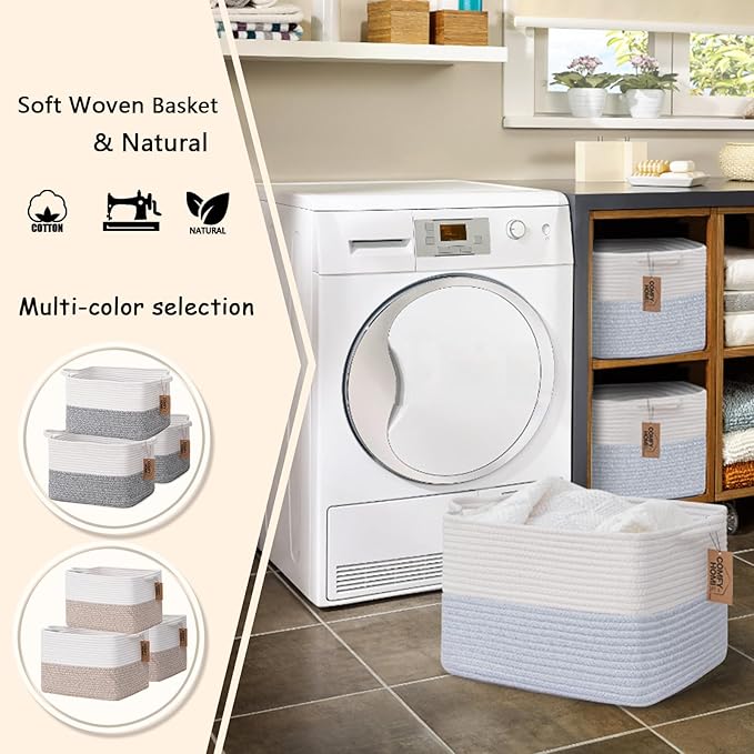 COMFY-HOMI 3PACK Cotton Rope Square Baske with Handles for Shelves|Dog Toy Baske Bin and Storage|Baby Baske for Gift|Shoe Baske for Organizing|13.5" x 11" x 9.5" for Living Room（White/Blue）-CubbioJoy