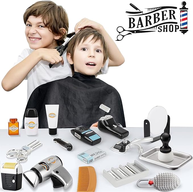 24 Pcs Barber Shop Pretend Play Toy - My First Shaving and Grooming Haircut Kit Toddler Role Play Set with Styling Accessories & Storage Box for Kids, Boys-CubbioJoy