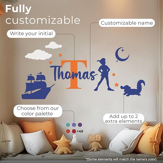 CRYPTONITE Personalized Name & Initial Tinkerbell Vinyl Wall Decals - Baby Girl Bedroom Decor - Fairy & Princess Wall Decals (B. Peter Pan)-CubbioJoy