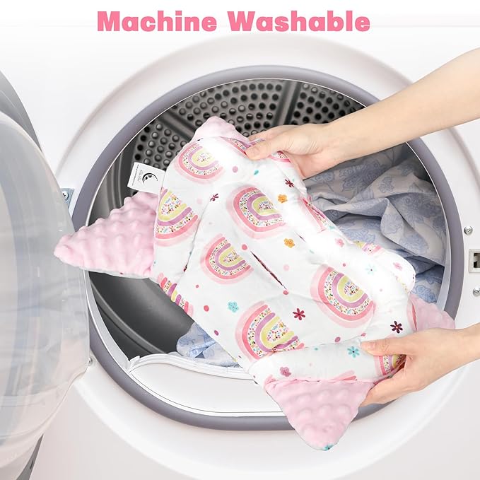 Infant Car Seat Insert with 3 Strap Covers, 3 in 1 Reversible Rainbow Baby Car Seat Head Support for Newborn, Baby Girl Newborn Essentials for Preemie to Infant, Stroller, Swing, Bouncer (Pink)-CubbioJoy