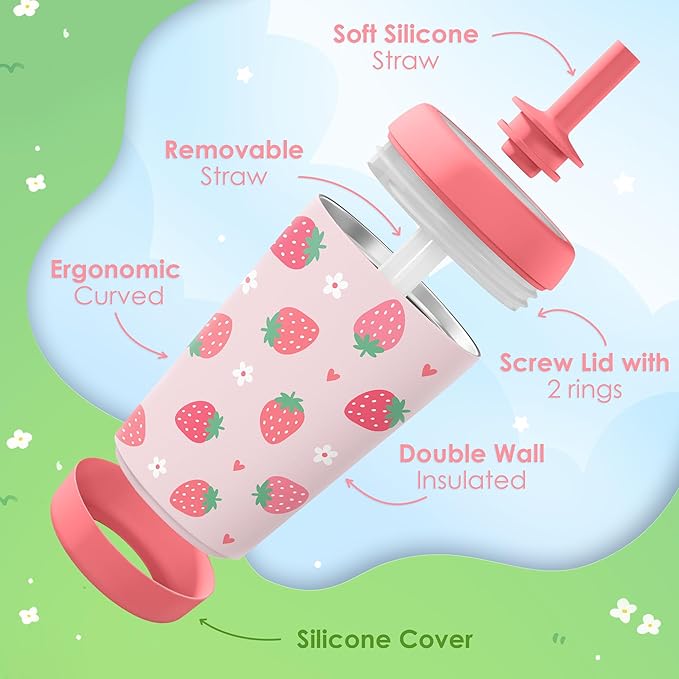 Kid Insulated Stainless Steel Tumbler with Silicone Straw, 12oz Sippy Cup for Kids (Strawberry)-CubbioJoy