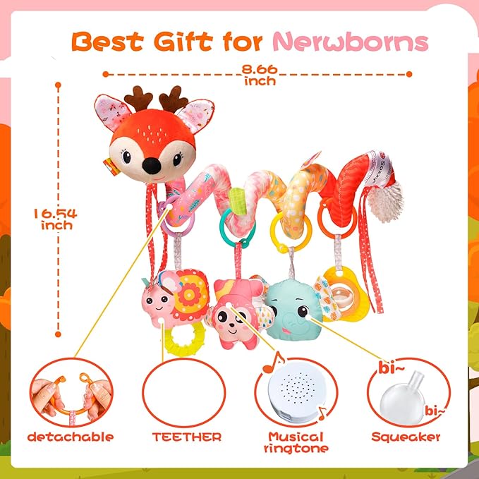 Car Seat Toys, Cute Deer Car Seat Toys for Babies 0-6 Months Boy, Stroller Toys with Crinkle, Teether, Music Box, Rattle, BB Squeaker for 0 3 6 9 12 Months Babies Infant Boys Girls Gifts (Cute Deer)-CubbioJoy