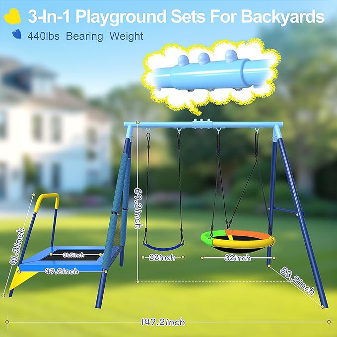 440lbs Kids Swing Set, 3-in-1 Outdoor Playground with Saucer Swing, Belt Seat & 4ft Trampoline, Heavy Duty A-Frame Metal Stand & Safety Stakes, Backyard Playset for Toddlers 3-8 Years Old-CubbioJoy