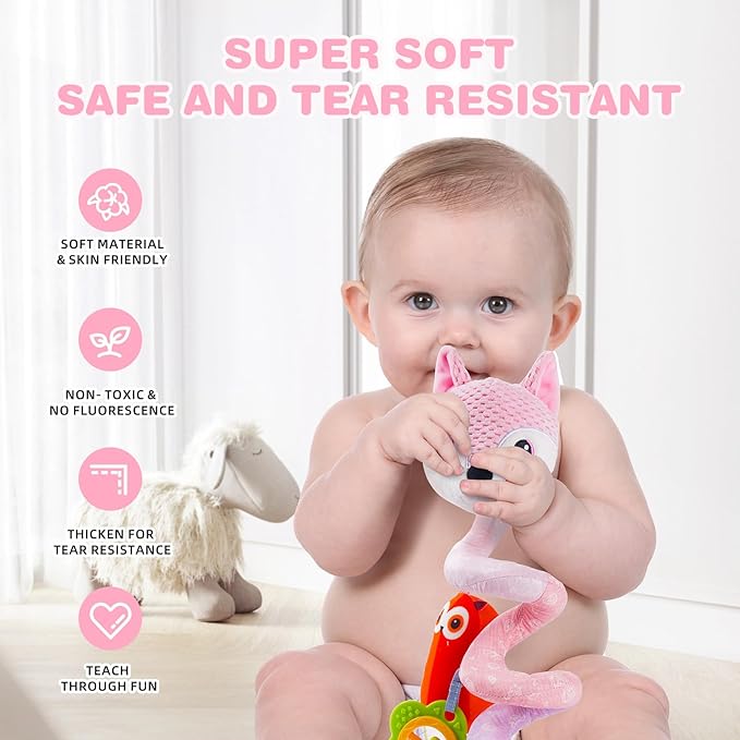 Jollybaby Baby Car Seat Stroller Toys, Plush Activity Hanging Spiral Activity Pram Crib with Music Box, Rattles, Squeaker for Babies Infant Boys Girls(Pink Fox)-CubbioJoy