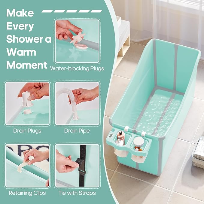 Collapsible Baby Bathtub Foldable Bathtub for Toddler Portable Large Foldable Bath Tub Bathtub for Kids Petite with Thermometer and Storage Basket (Green)-CubbioJoy