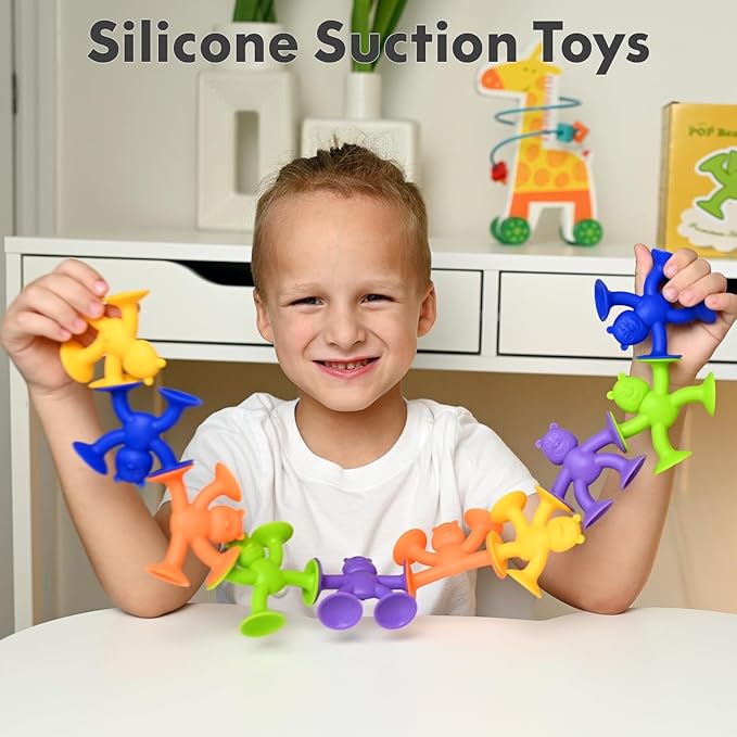 Cute Bear Suction Cup Toy Bath Toys for Kids Ages 4-8 No Hole Bathtub Sensory Toy Airplane Toys for Toddlers 1-3, Connect Build Create Baby Toys, 12 PCS-CubbioJoy